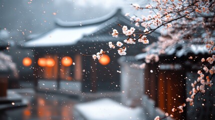 Beautiful cherry blossom flower and vintage building in Spring.