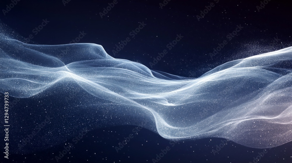 Poster Soft, flowing waves of translucent light intertwine in a captivating display against a deep, starry night sky. This enchanting scene evokes a sense of calm and wonder