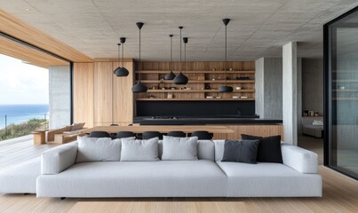 Modern coastal living room ocean view kitchen