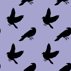 Vector black silhouette of Ravens seamless pattern on purple background