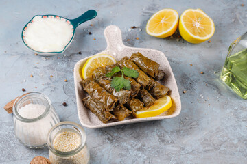 Delicious dolma (sarma) stuffed grape leaves rice.