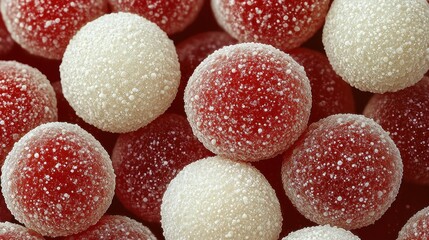 Red and white sugared gumdrops close-up, food background, confectionery