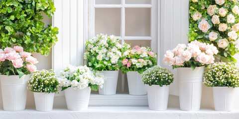 Fototapeta premium The window of a cozy cute flower store. Exterior of a flower store. Various bouquets in the shop window.