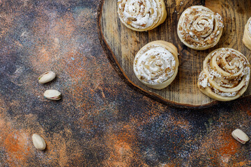 Delicious homemade meringue roll round cookies with nuts.