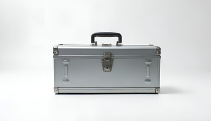  Silver metal tool case on white background.