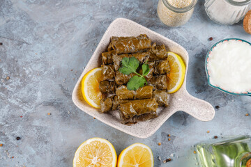 Delicious dolma (sarma) stuffed grape leaves rice.