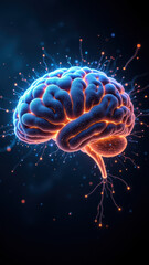 Fototapeta premium A scientific illustration of artificial general intelligence (AGI) with a human brain at its center emitting electric energy and sparks.