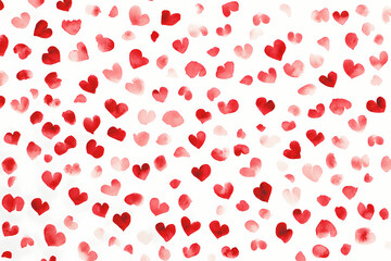 Abstract background with red hearts pattern on white paper, watercolor, hand drawn