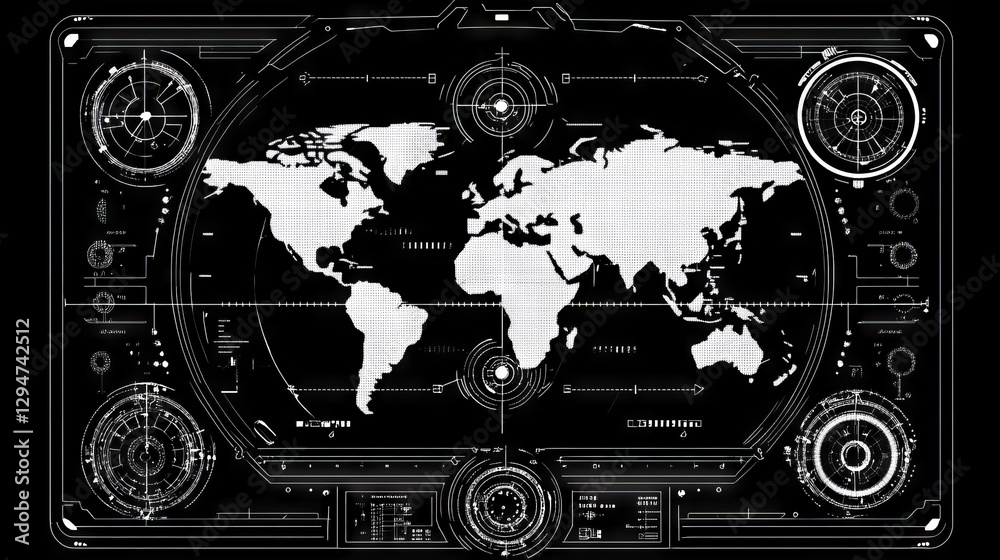 Poster an abstract 3d black and white grid background with geometric formulas and a web of information netw