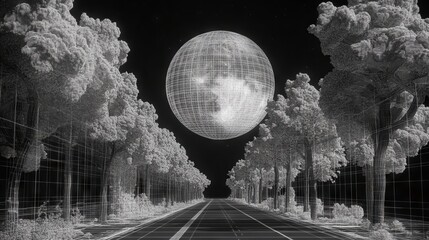 A black and white 3D abstract with a retro feel. Retro 80s and 90s retrowave design showcasing a wireframe grid landscape and topographic features. Grey mountains set against a neon sunset. A sci-fi