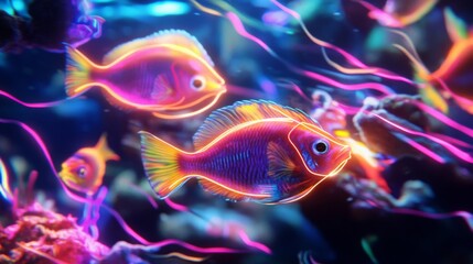 Fototapeta premium Glowing Neon Fish in Vibrant Underwater Scene