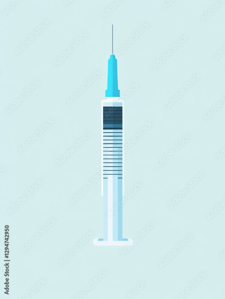 Poster syringe with blue needle displayed on a light background in a medical setting for health and wellnes