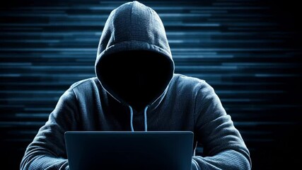 Mysterious figure of a hacker in hoodie working on laptop under dark blue lighting at night