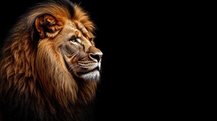 Fototapeta premium A portrait featuring a friendly lion on a black background, with room for presentation text