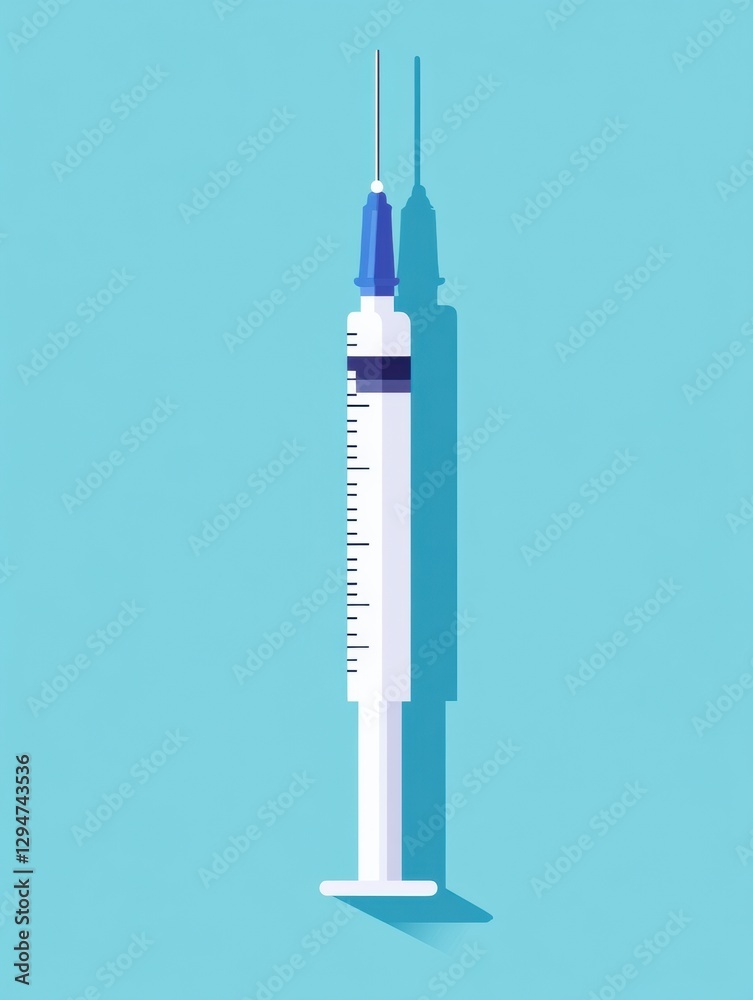 Poster Syringe with a blue cap and clear barrel displayed against a bright blue background showing its scale and design. Generative AI