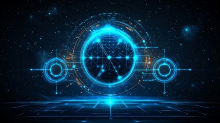Obraz premium An abstract neon blue atom nucleus with electrons circling it, designed for science, technology, biology, or astrology presentation backgrounds