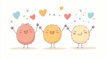 Three Cheerful Round Characters Celebrating with Hearts