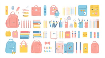 Cute back to school supplies collection for children, flat cartoon vector style, colorful books, crayons, backpacks, playful and engaging design