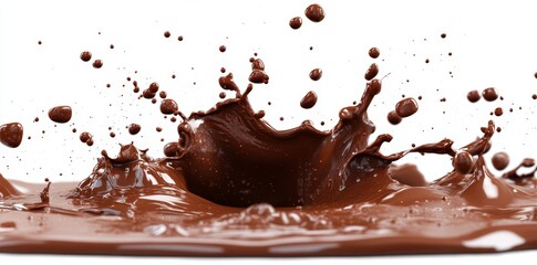 Fototapeta premium Against a clear backdrop, chocolate scatters in the air, evoking fluidity and motion. The liquid forms peaks and tendrils, elegantly defying gravity as it appears to float