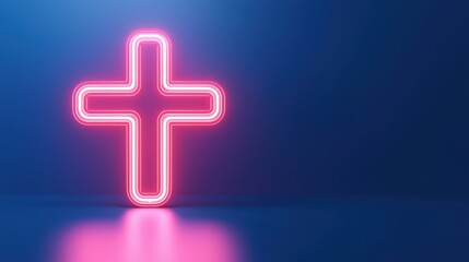Fototapeta premium Neon Cross Symbol with Vibrant Glow on Blue Background