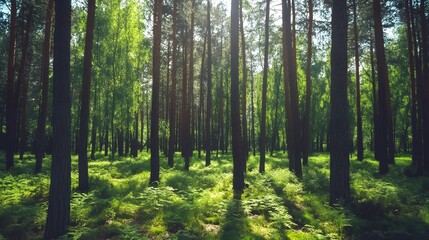 Obraz premium Lush green forest with tall trees, sunlight filtering through leaves, ferns carpeting the ground