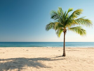 Obraz premium Serene Palm Tree on Sandy Beach Under Clear Blue Sky at Dawn