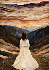 Woman in flowing dress observing vibrant sunset over mountain landscape