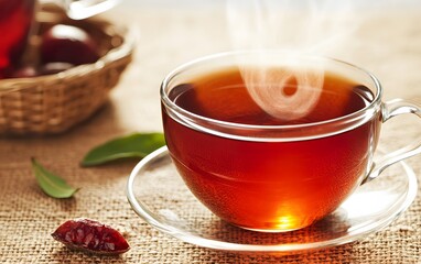 Steaming Cup of Red Tea with Fruit Garnish on Burlap
