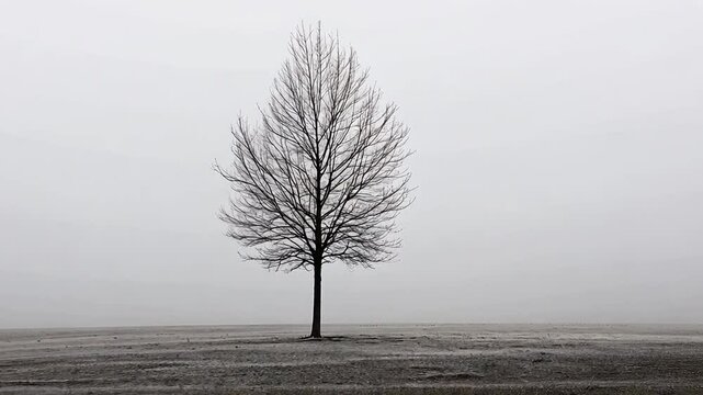 Lonely Tree in Foggy Field