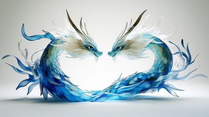 Fototapeta premium An isolated 3D render of a blue abstract heart in an alien shape on a solid background. This futuristic and surreal Halloween illustration includes a dragon dinosaur skeleton, AI, artificial