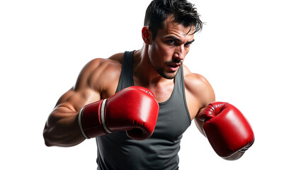 A determined athlete warms up in red boxing gloves, showcasing powerful muscles and concentration. The energy radiates as he prepares for an intense workout, embodying strength and discipline