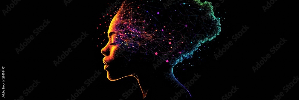 Aufkleber Human head silhouette with glowing interconnected AI nodes and cosmic fractal patterns in a cyberpunk background. Generative AI