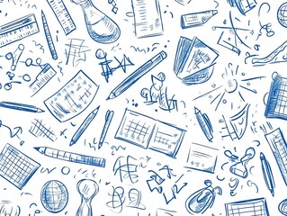 Educational seamless doodle pattern, handdrawn school supplies, math formulas, letters, and artistic creativity, vector illustration with detailed sketches