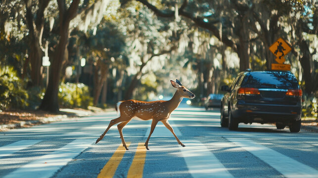 Young deer crossing a road in a scenic forest with cars approaching. Concept of wildlife, urban nature, road safety, human impact, and environmental awareness