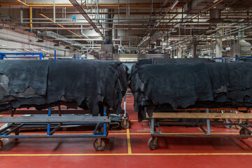 Animal skins close-up in a factory workshop.