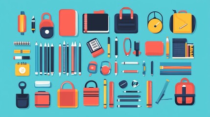 Flat style icon bundle, fifty school supplies, vector illustrations, back to school essentials, books, pens, backpacks, clean, modern design, easily customizable