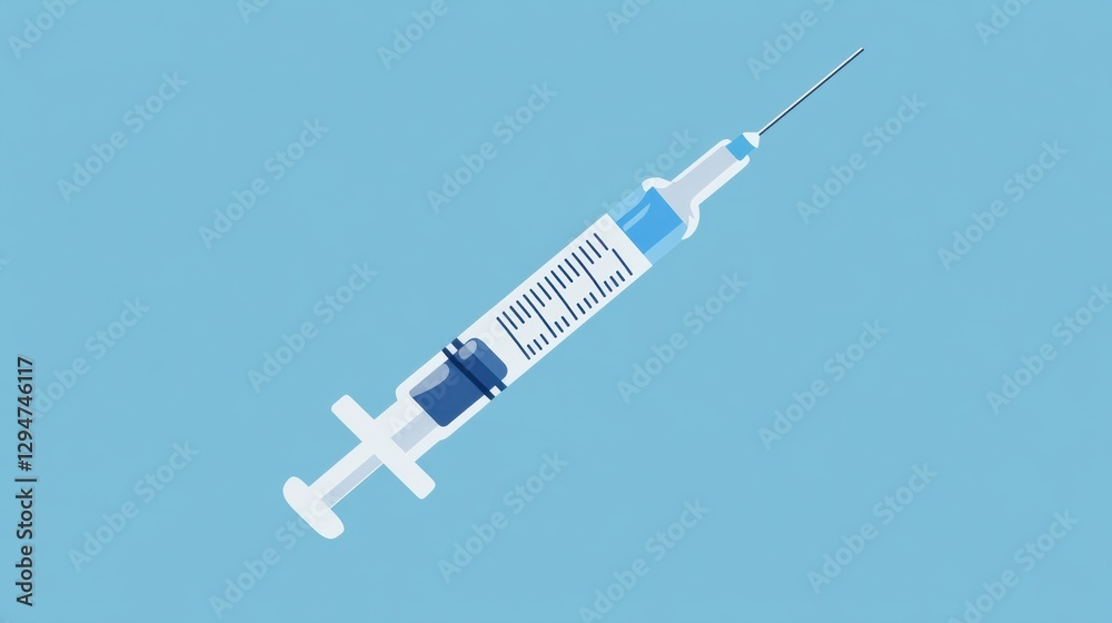 Poster syringe with clear liquid on blue background for medical use in healthcare settings during daytime. 
