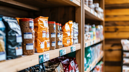 Pet store shelves filled with various packaged dry pet food. Concept of pet nutrition, animal care products, premium cat and dog food, retail pet supplies, healthy diet for pets