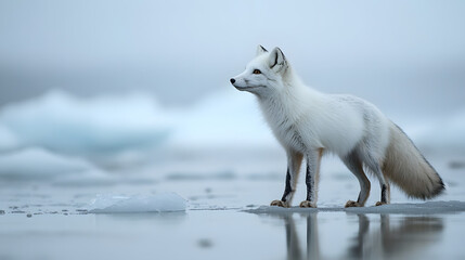 Obraz premium An Arctic fox standing on thinning ice looking toward a glacier in the distance surrounded by a cold reflective sea.
