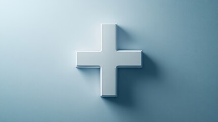 Obraz premium A light blue background highlights a glossy, 3D plus sign with a central design of soft curves and fluid shapes. The blue and white color palette imparts a sleek and modern look