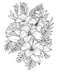 Line drawing bouquet of tropical flowers hibiscus, monstera and fern leaves, botanical line drawing, vector floral line art illustration for wedding, logo, advertising, packaging © nastyasklyarova