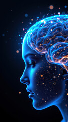 Obraz premium A woman's profile with a glowing, detailed brain representing advanced intelligence or artificial general intelligence.