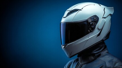 Fototapeta premium A white helmet with a dark visor, sleek and futuristic in design, is displayed prominently against a gradient blue background, emphasizing a smooth, symmetrical, and high-tech aesthetic