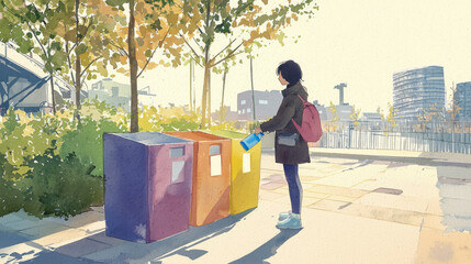 Young woman recycling plastic bottle in city park with colorful bins, eco-friendly habits, sustainability awareness, urban environment, watercolor illustration
