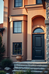 Fototapeta premium Luxury Home Exterior: Modern Architectural Design with Elegant Facade and Stone Steps