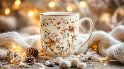 Fototapeta premium Cozy Winter Mug Floral Design Warm Drink