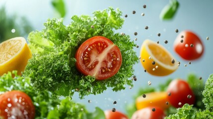 Pears, apples, and tomatoes, among other fruits and vegetables, look as if they are floating in the air, set against a light blue background, which imparts a sense of movement and harmony