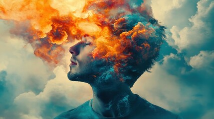 A digital art piece depicting a man's face with a fiery, cloud-like explosion above it.