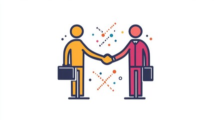 Fototapeta premium Two simplified human figures, each with a briefcase, are depicted holding hands to represent a business deal or partnership