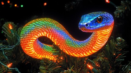 Fototapeta premium A glowing, futuristic snake in neon blue and pink, highlighted by vibrant bokeh, with Christmas lights adding to the festive atmosphere. This design is perfect for a dance party poster or a retro
